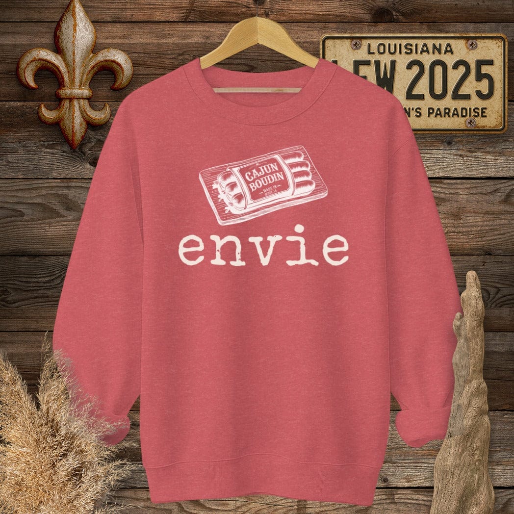 S / Heather Scarlet Red Louisiana Envie Cajun French Boudin Sweatshirt by Laissez Faire Wear