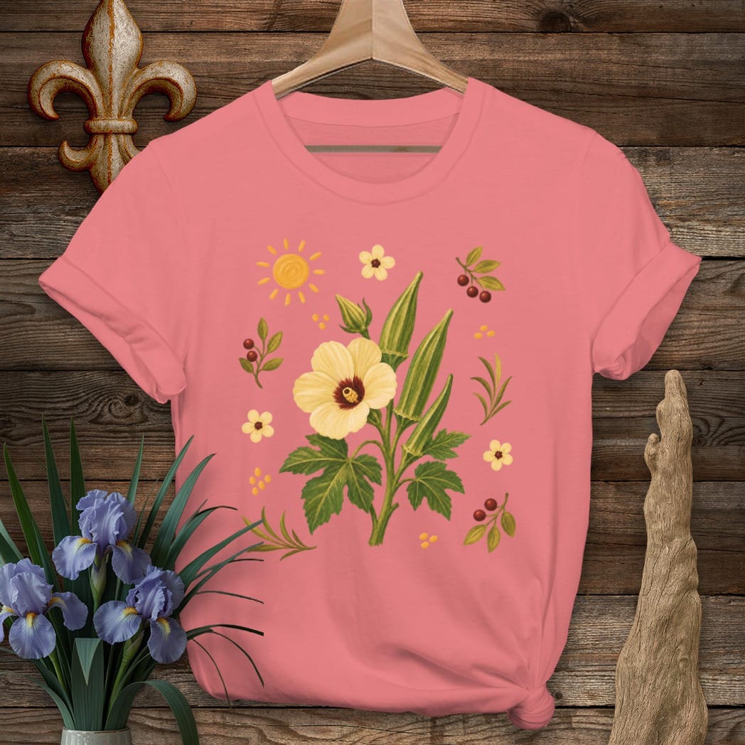 S / Coral Silk Louisiana Essential Okra T-Shirt by Laissez Faire Wear