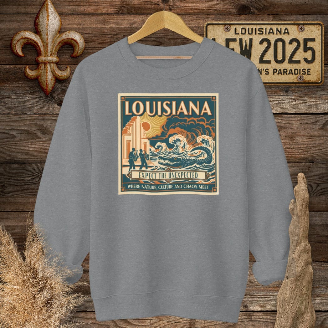 S / Graphite Heather Louisiana Expect The Unexpected Sweatshirt by Laissez Faire Wear