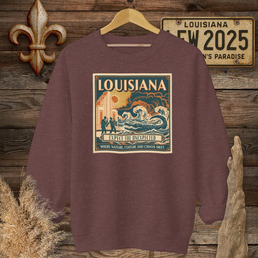 S / Heather Sport Dark Maroon Louisiana Expect The Unexpected Sweatshirt by Laissez Faire Wear