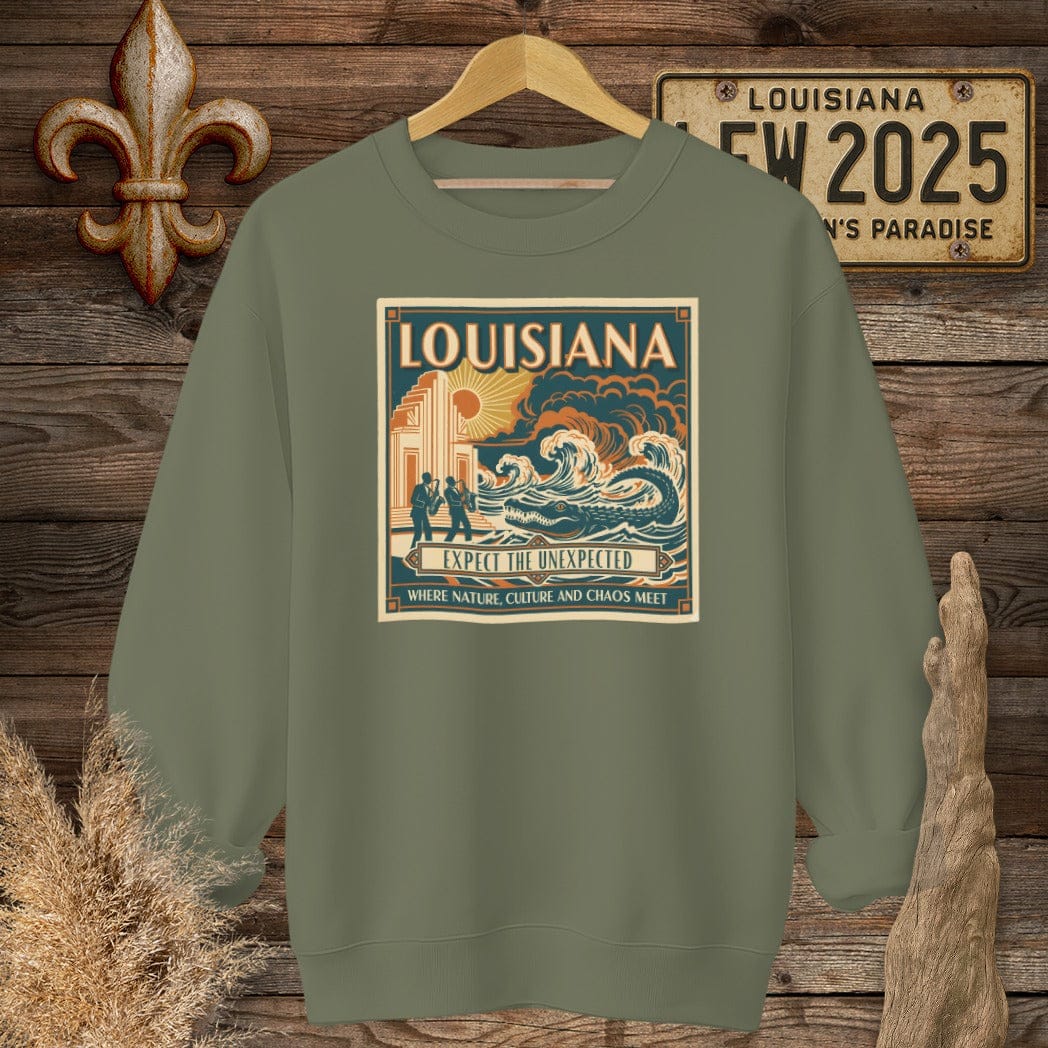 S / Military Green Louisiana Expect The Unexpected Sweatshirt by Laissez Faire Wear