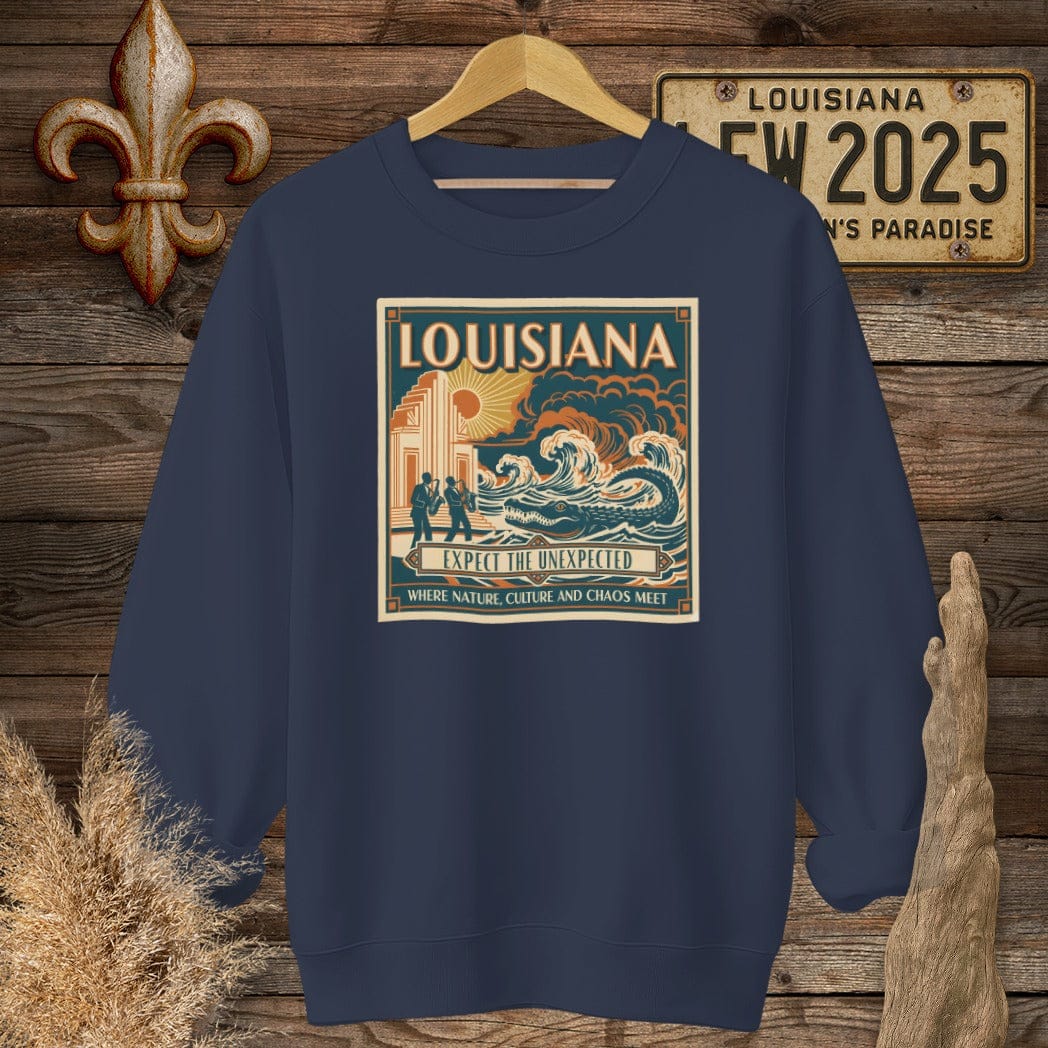S / Navy Louisiana Expect The Unexpected Sweatshirt by Laissez Faire Wear