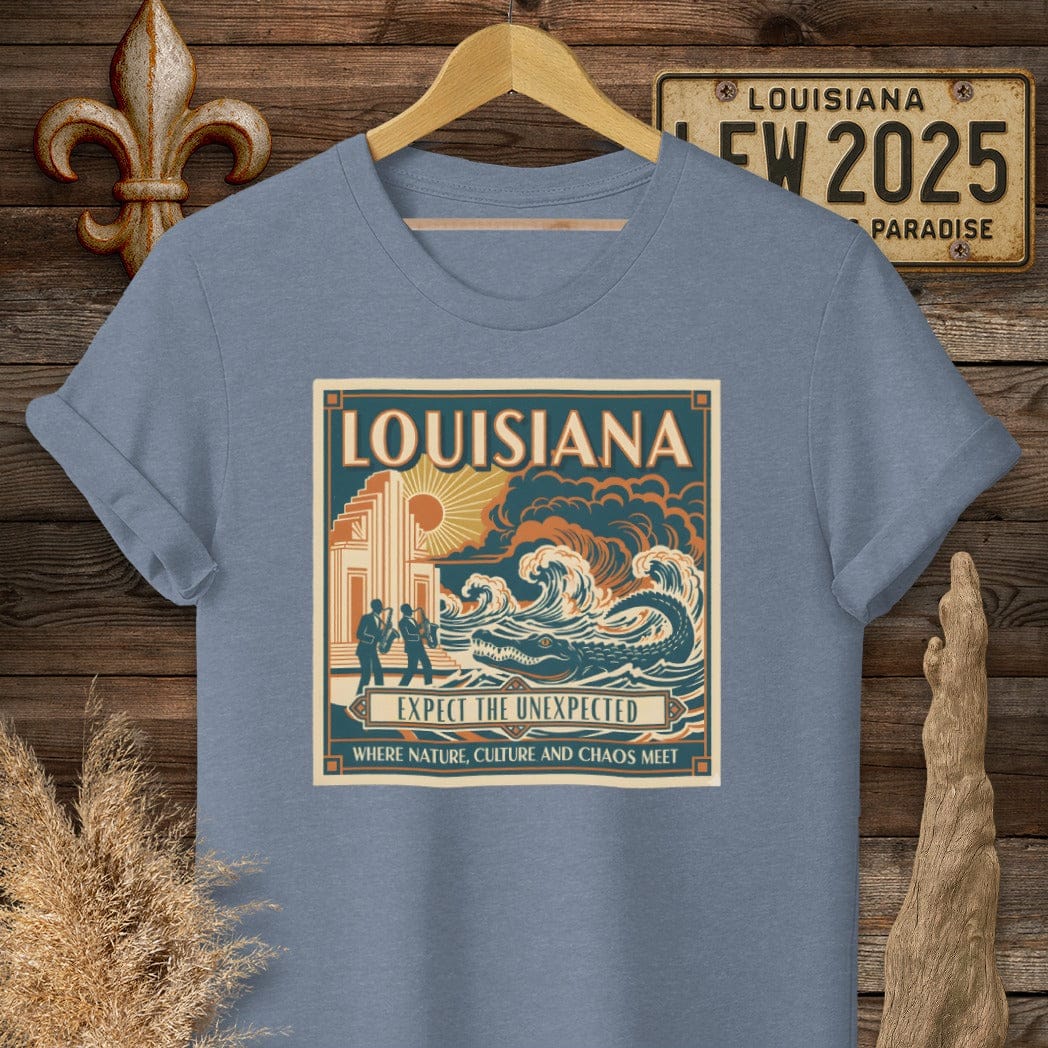 S / Heather Indigo Louisiana Expect The Unexpected T-Shirt by Laissez Faire Wear