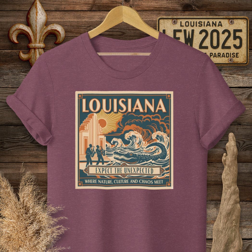S / Heather Maroon Louisiana Expect The Unexpected T-Shirt by Laissez Faire Wear