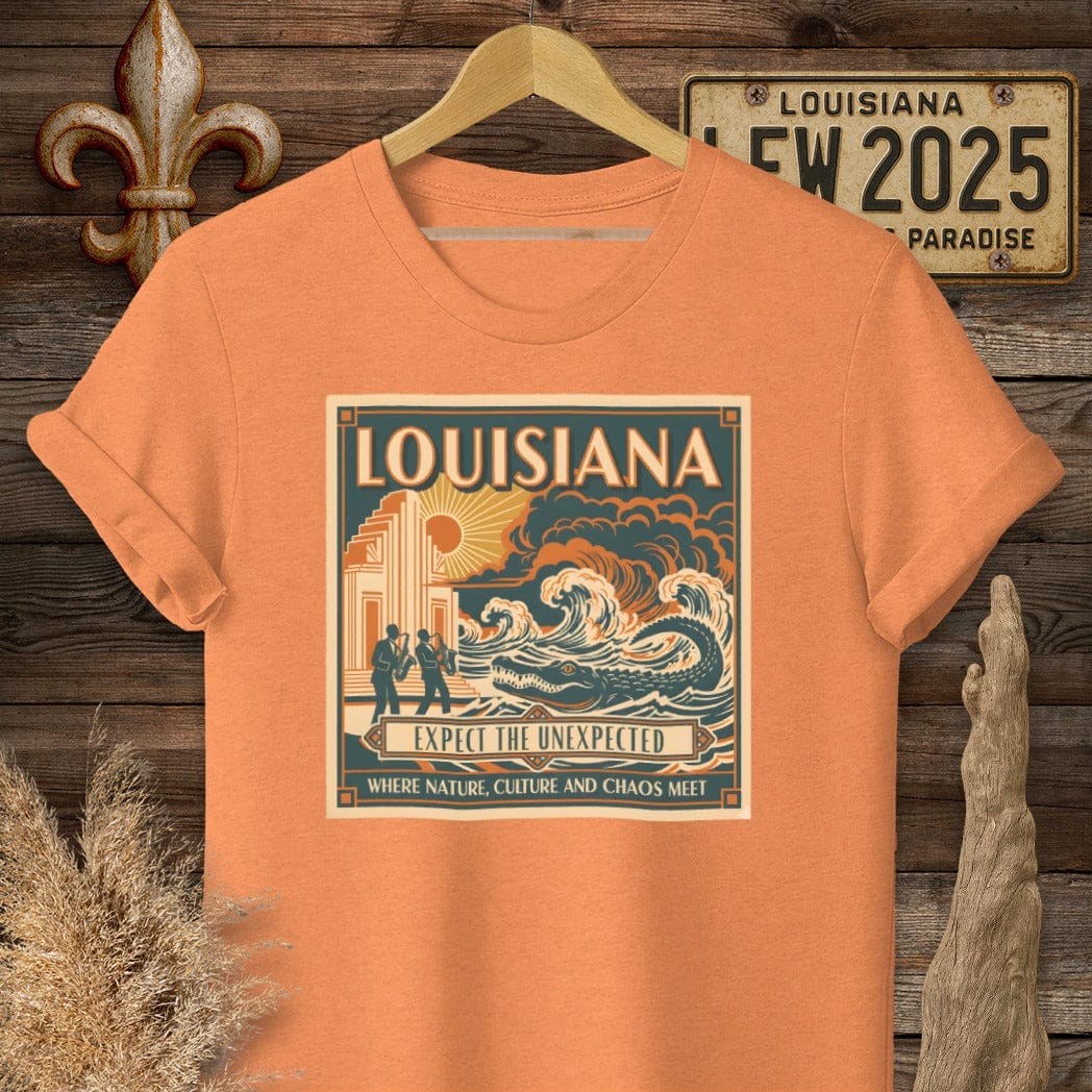 S / Heather Orange Louisiana Expect The Unexpected T-Shirt by Laissez Faire Wear