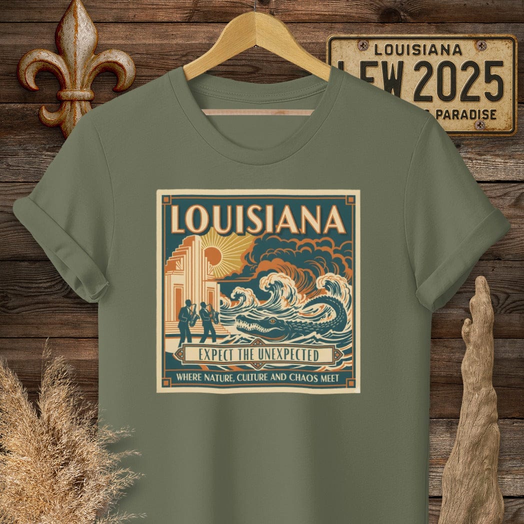 S / Military Green Louisiana Expect The Unexpected T-Shirt by Laissez Faire Wear