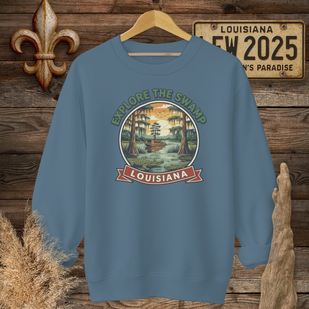 S / Indigo Blue Louisiana Explore the Swamp Sweatshirt by Laissez Faire Wear