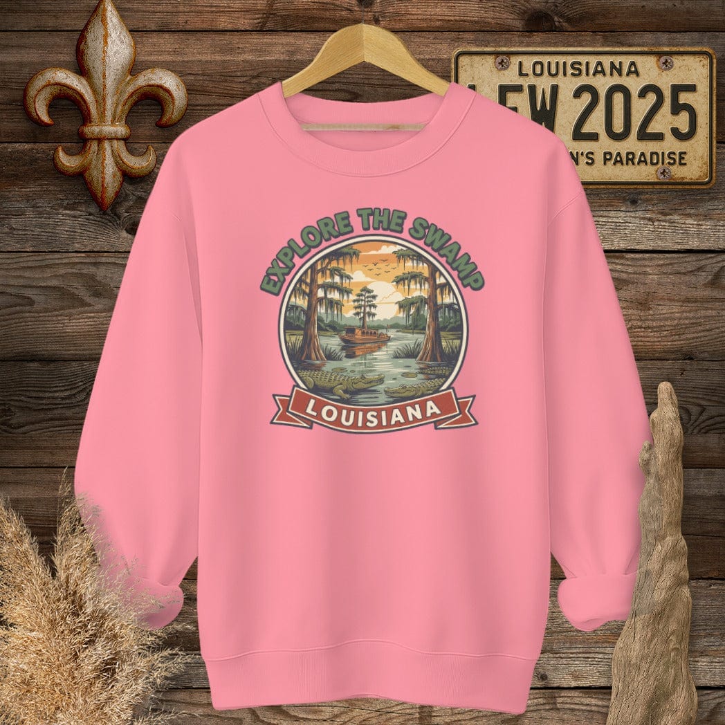 S / Safety Pink Louisiana Explore the Swamp Sweatshirt by Laissez Faire Wear