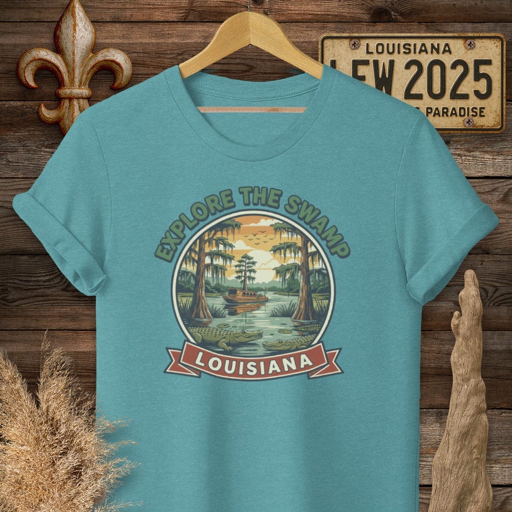 S / Heather Galapagos Blue Louisiana Explore the Swamp T-Shirt by Laissez Faire Wear