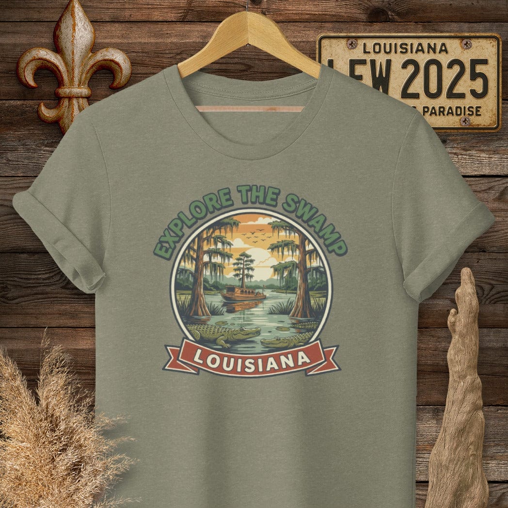S / Heather Military Green Louisiana Explore the Swamp T-Shirt by Laissez Faire Wear