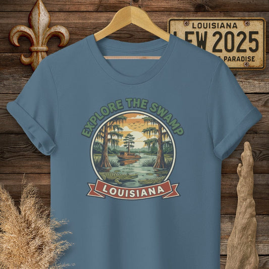 S / Indigo Blue Louisiana Explore the Swamp T-Shirt by Laissez Faire Wear