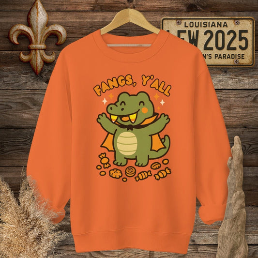 S / Orange Louisiana Fangs Y'all Halloween Sweatshirt by Laissez Faire Wear