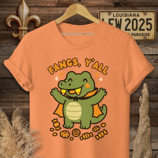 S / Heather Orange Louisiana Fangs Y'all Halloween T-Shirt by Laissez Faire Wear