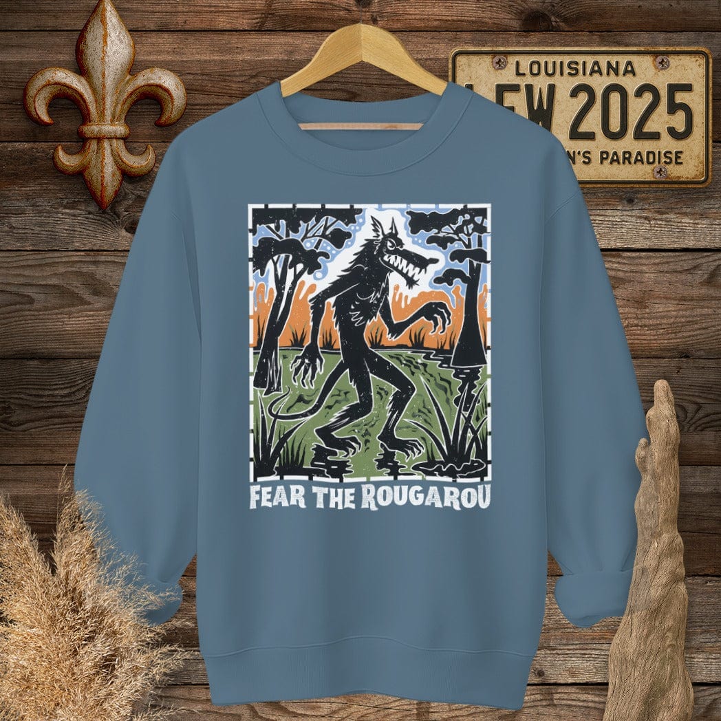 S / Indigo Blue Louisiana Fear the Rougarou Louisiana Art Sweatshirt by Laissez Faire Wear