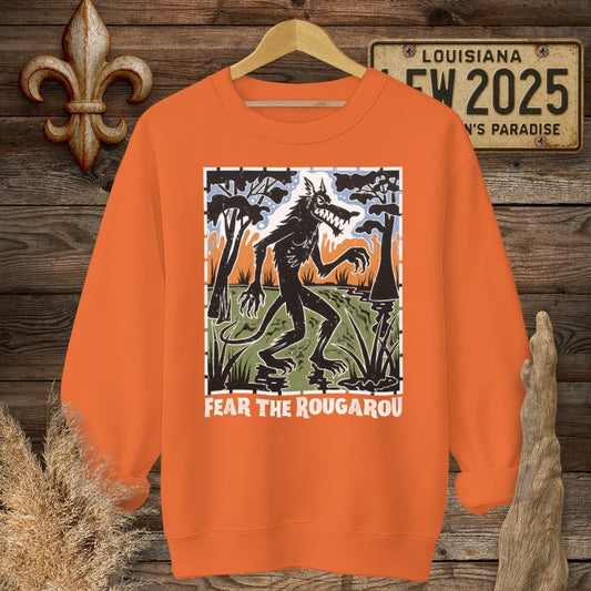 S / Orange Louisiana Fear the Rougarou Louisiana Art Sweatshirt by Laissez Faire Wear