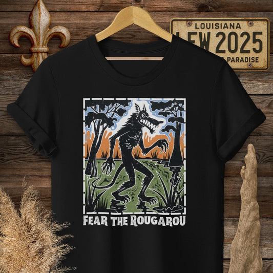 S / Black Louisiana Fear the Rougarou Louisiana Art T-Shirt by Laissez Faire Wear