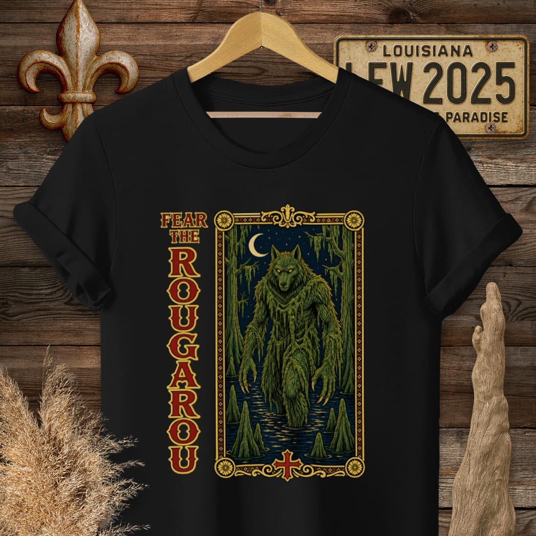 S / Black Louisiana Fear the Rougarou Tarot T-Shirt by Laissez Faire Wear