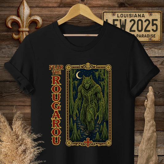 S / Black Louisiana Fear the Rougarou Tarot T-Shirt by Laissez Faire Wear