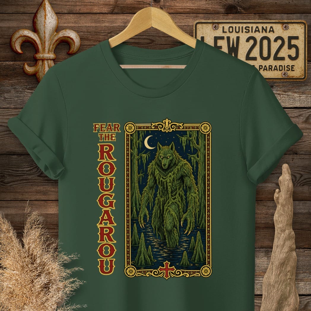 S / Forest Green Louisiana Fear the Rougarou Tarot T-Shirt by Laissez Faire Wear
