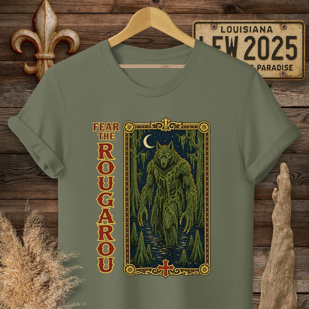 S / Military Green Louisiana Fear the Rougarou Tarot T-Shirt by Laissez Faire Wear