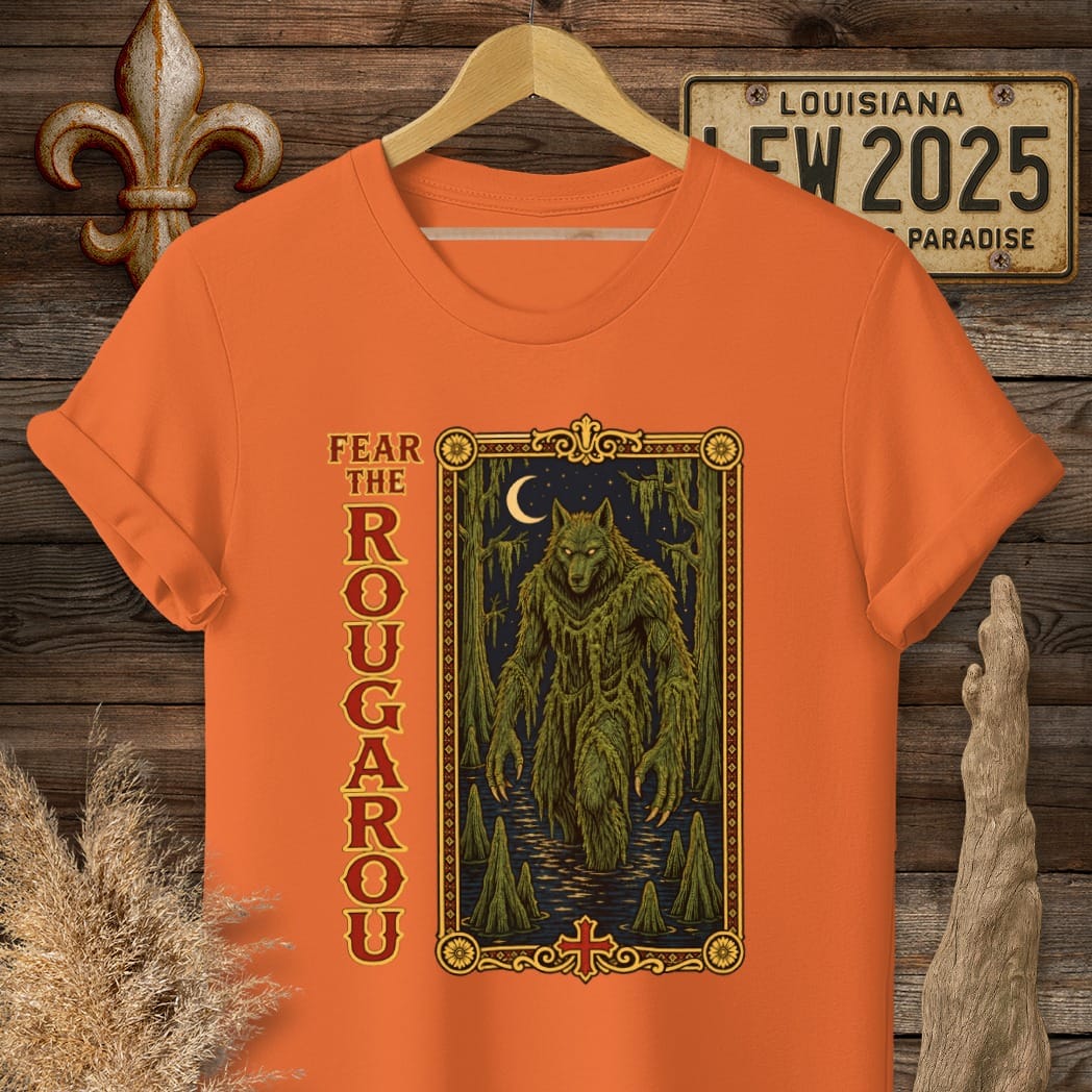 S / Orange Louisiana Fear the Rougarou Tarot T-Shirt by Laissez Faire Wear