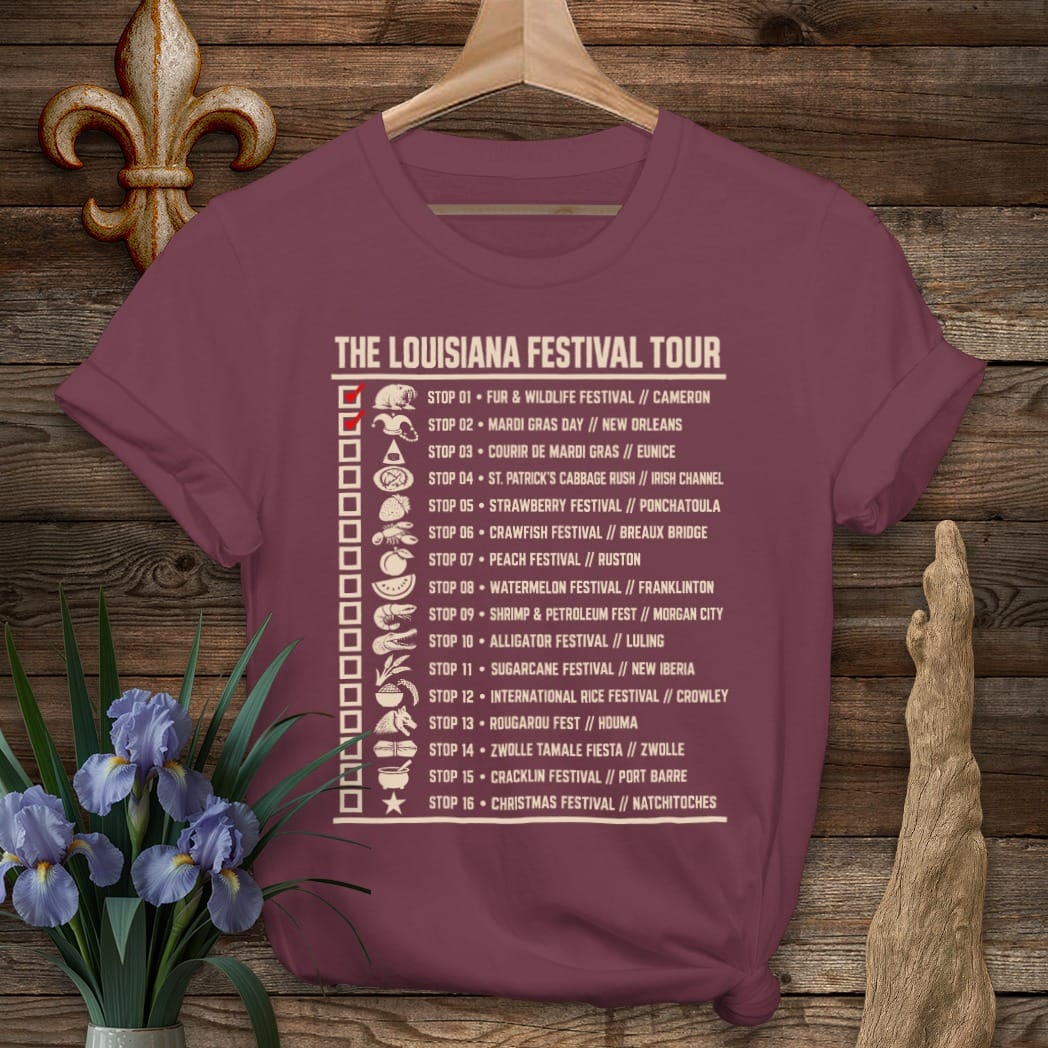 S / Maroon Louisiana Festival Tour T-Shirt by Laissez Faire Wear