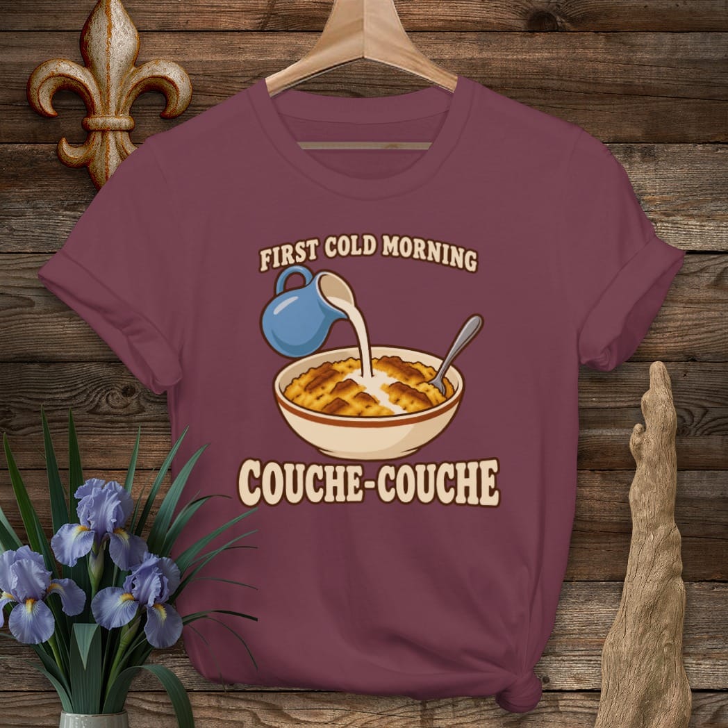 S / Maroon Louisiana First Cold Morning T-Shirt by Laissez Faire Wear
