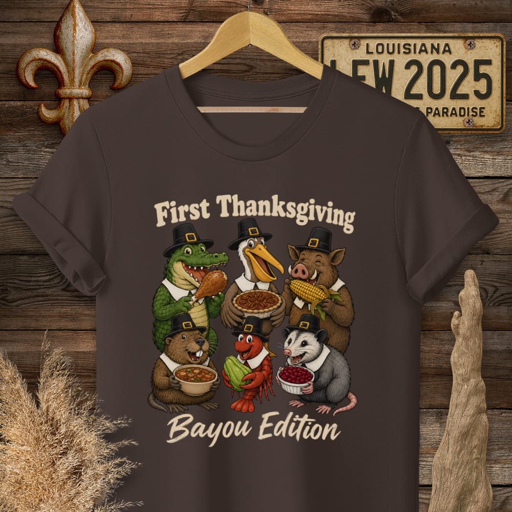 S / Dark Chocolate Louisiana First Thanksgiving T-Shirt by Laissez Faire Wear
