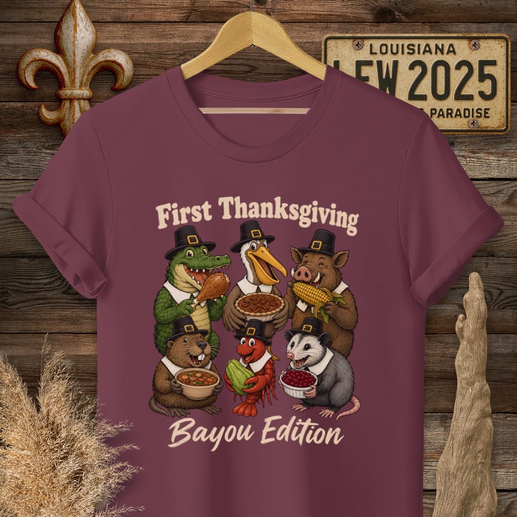 S / Maroon Louisiana First Thanksgiving T-Shirt by Laissez Faire Wear