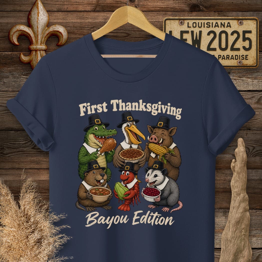 S / Navy Louisiana First Thanksgiving T-Shirt by Laissez Faire Wear