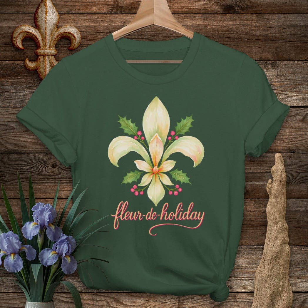 S / Forest Green Louisiana Fleur de Holiday T-Shirt by Laissez Faire Wear