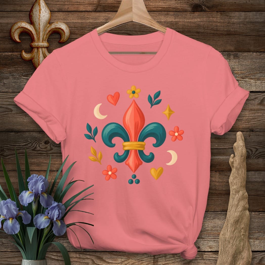 S / Coral Silk Louisiana Fleur Folk Ring T-Shirt by Laissez Faire Wear