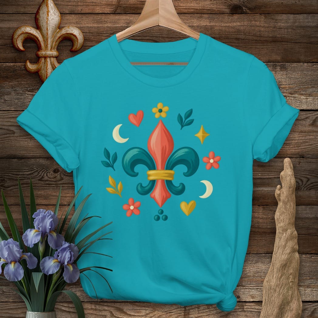 S / Tropical Blue Louisiana Fleur Folk Ring T-Shirt by Laissez Faire Wear