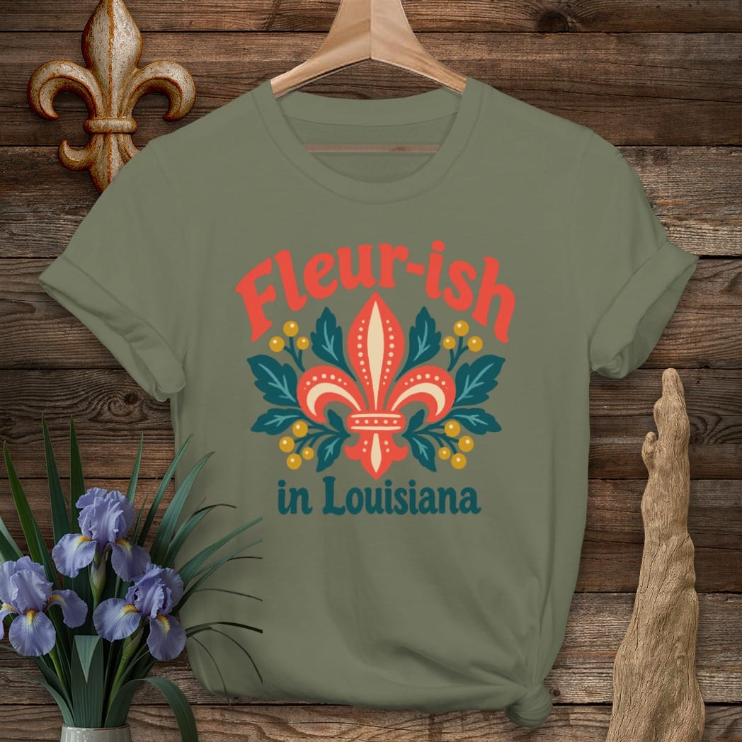 S / Military Green Louisiana Fleur-ish Folk Bloom T-Shirt by Laissez Faire Wear