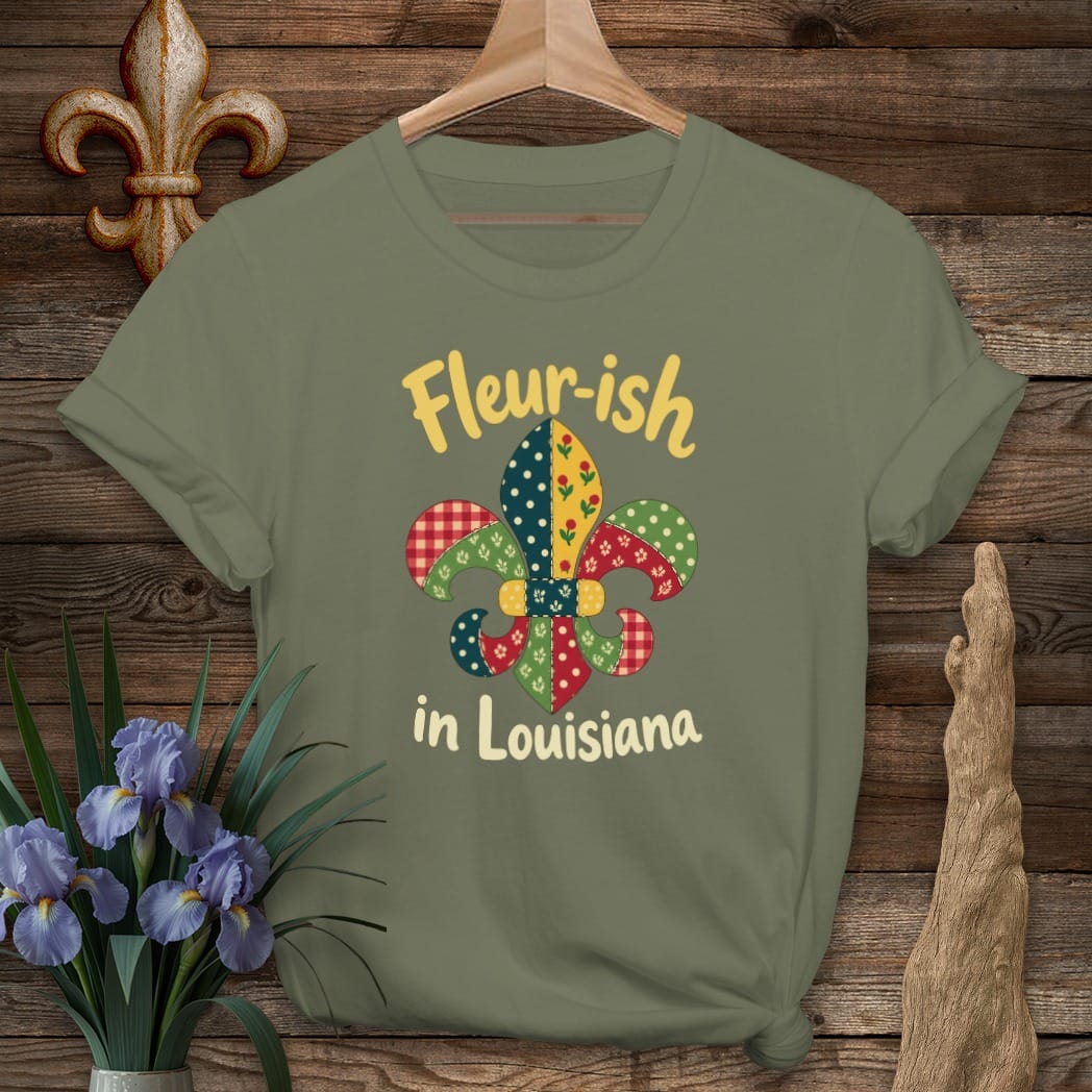 S / Military Green Louisiana Fleur-ish Patchwork T-Shirt by Laissez Faire Wear