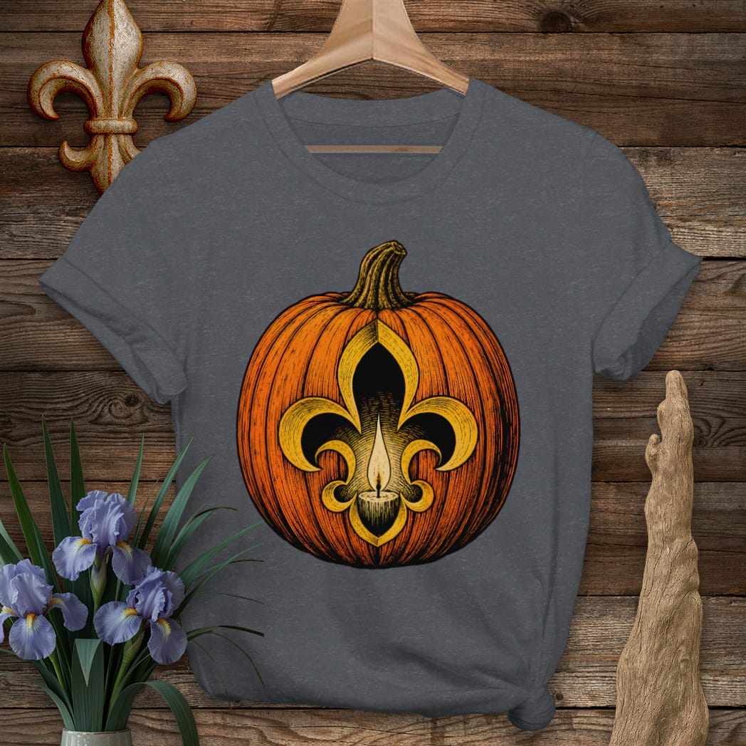 S / Dark Heather Grey Louisiana Fleur Jack-O-Lantern T-Shirt by Laissez Faire Wear