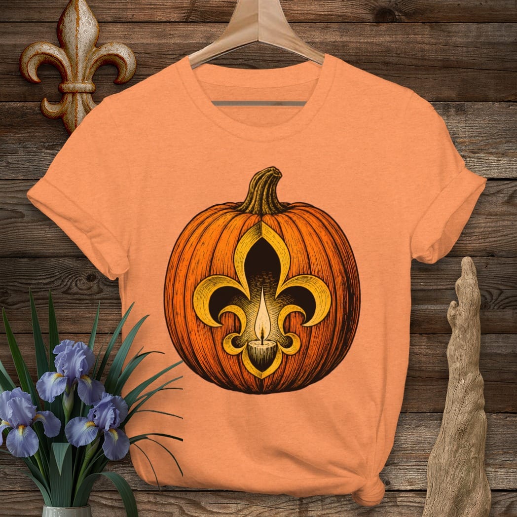 S / Heather Orange Louisiana Fleur Jack-O-Lantern T-Shirt by Laissez Faire Wear
