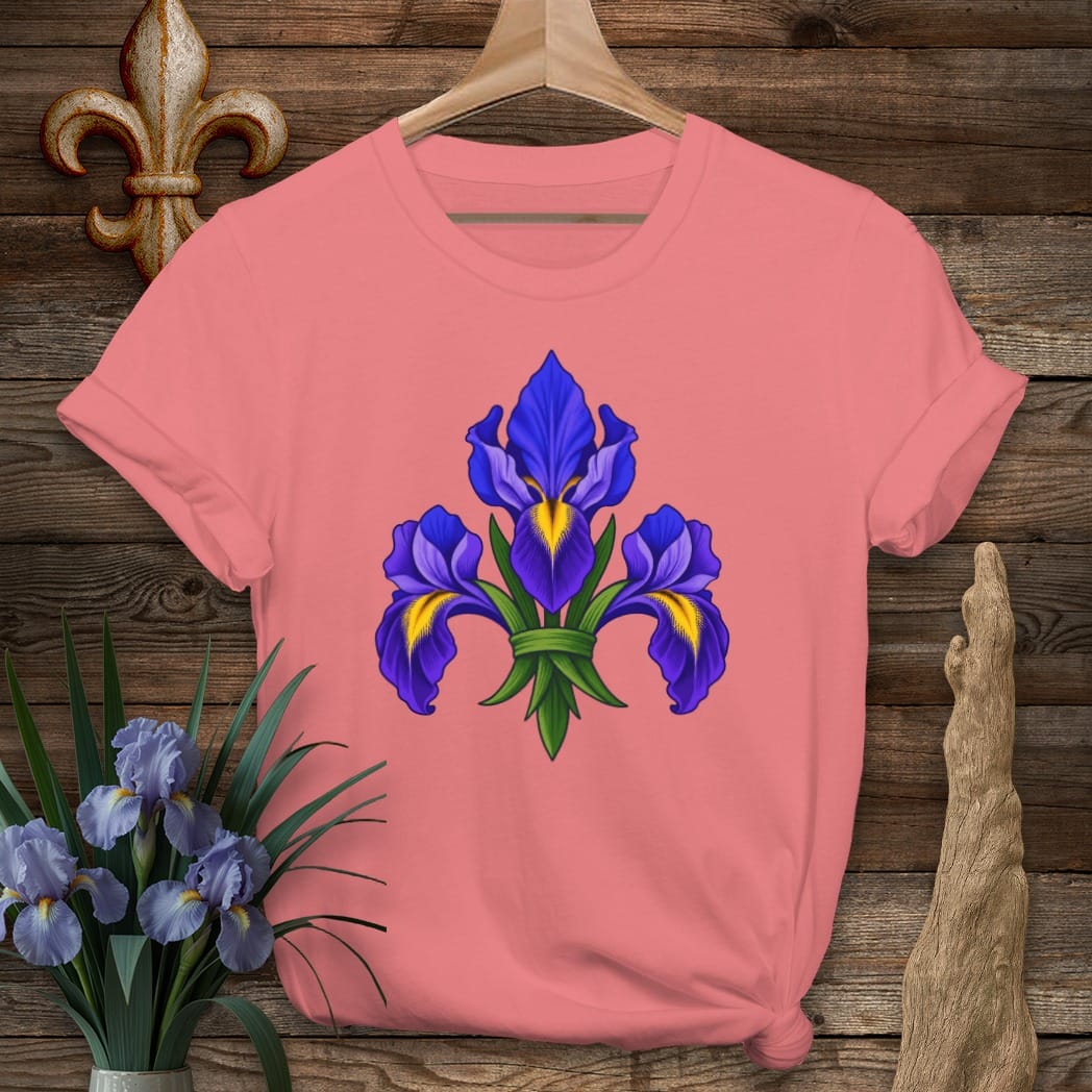 S / Coral Silk Louisiana Fleur of Irises T-Shirt by Laissez Faire Wear