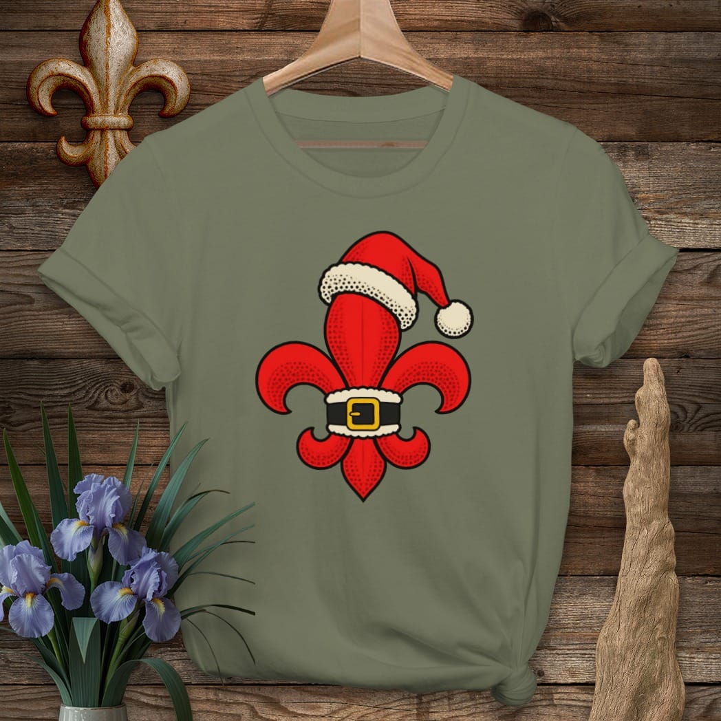 S / Military Green Louisiana Fleur Santa Dots T-Shirt by Laissez Faire Wear