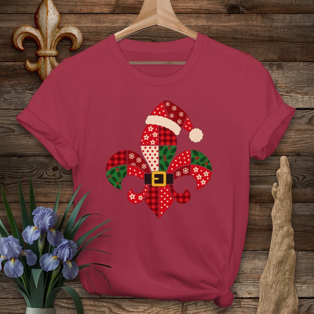 S / Cardinal Red Louisiana Fleur Santa Patchwork T-Shirt by Laissez Faire Wear