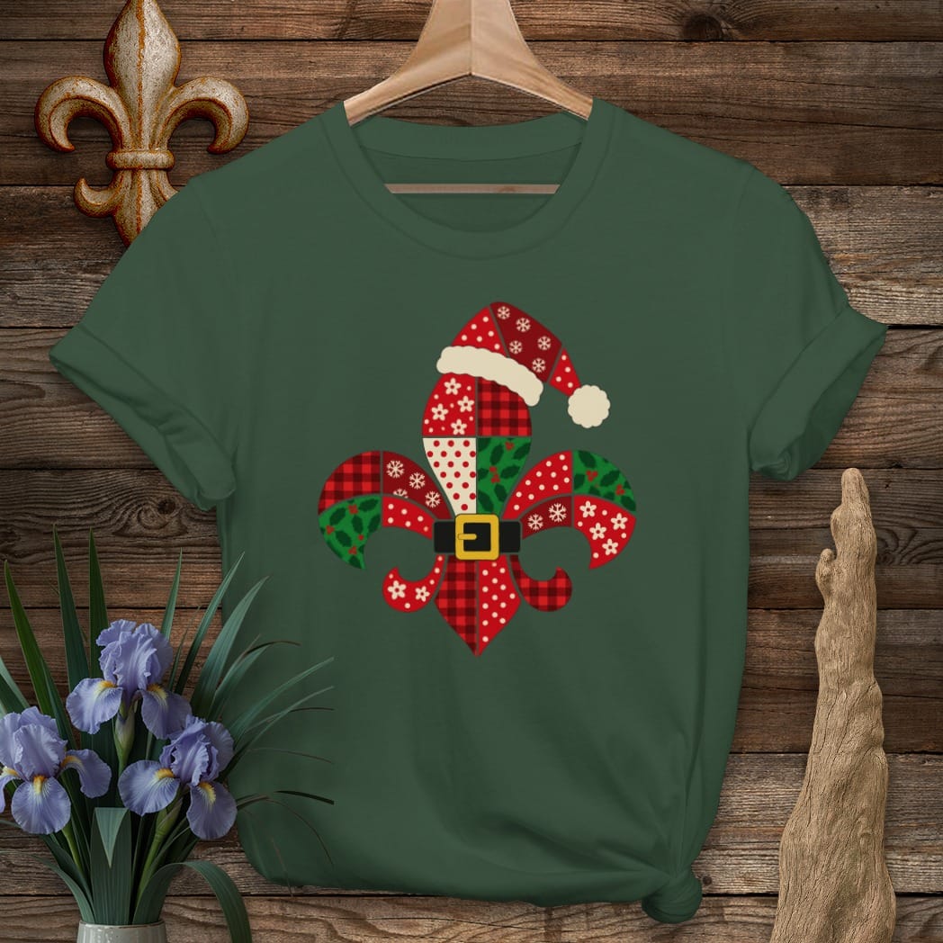 S / Forest Green Louisiana Fleur Santa Patchwork T-Shirt by Laissez Faire Wear