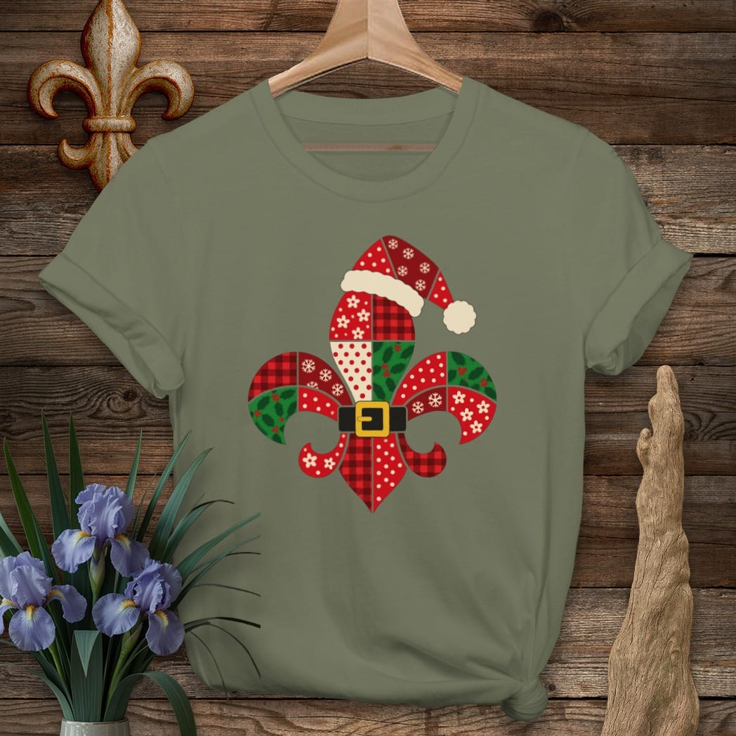 S / Military Green Louisiana Fleur Santa Patchwork T-Shirt by Laissez Faire Wear