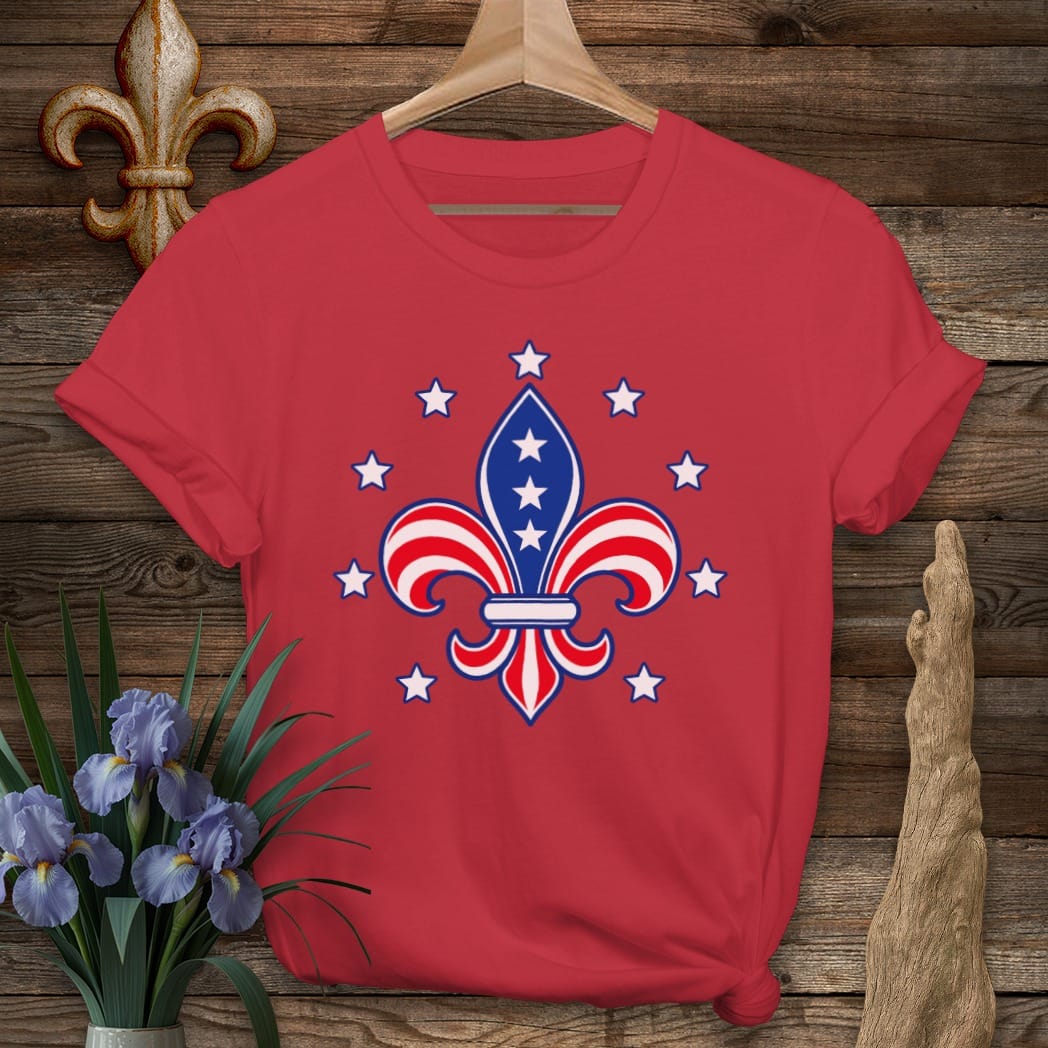 S / Cherry Red Louisiana Fleur Stars and Stripes T-Shirt by Laissez Faire Wear