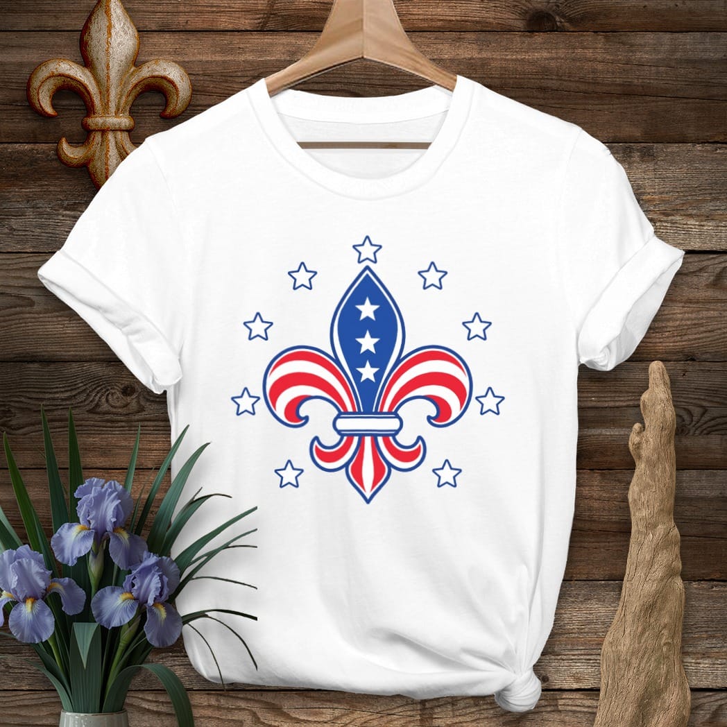 S / White Louisiana Fleur Stars and Stripes T-Shirt by Laissez Faire Wear