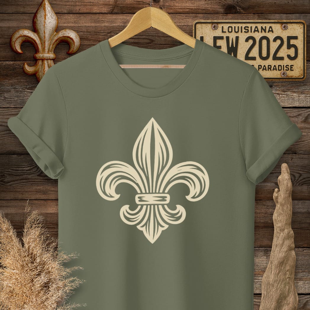S / Military Green Louisiana Fleur Woodcut T-Shirt by Laissez Faire Wear