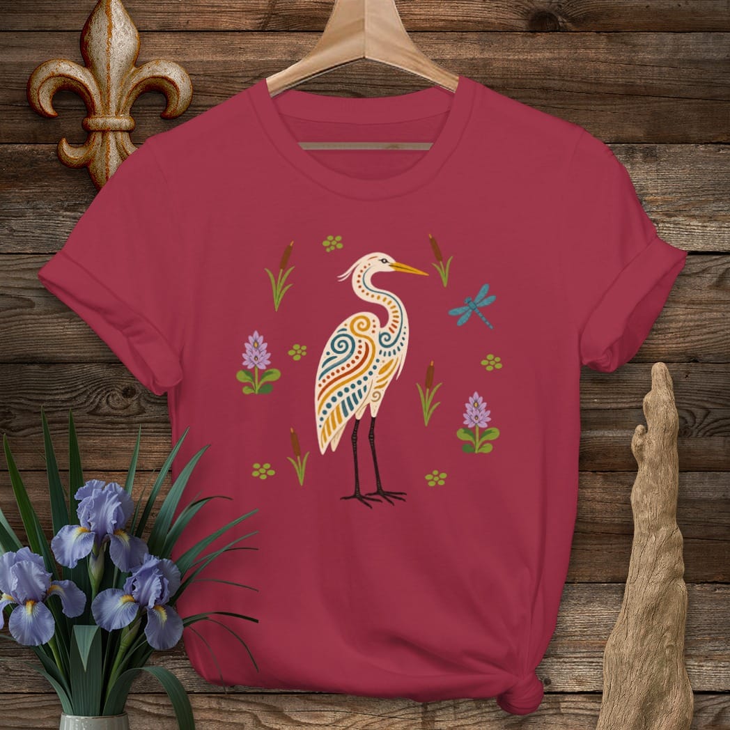 S / Cardinal Red Louisiana Folk Egret T-Shirt by Laissez Faire Wear
