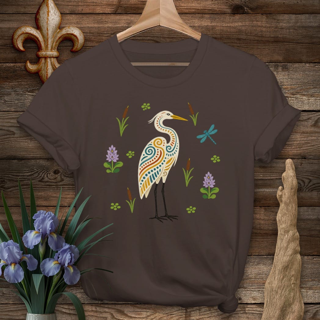 S / Dark Chocolate Louisiana Folk Egret T-Shirt by Laissez Faire Wear