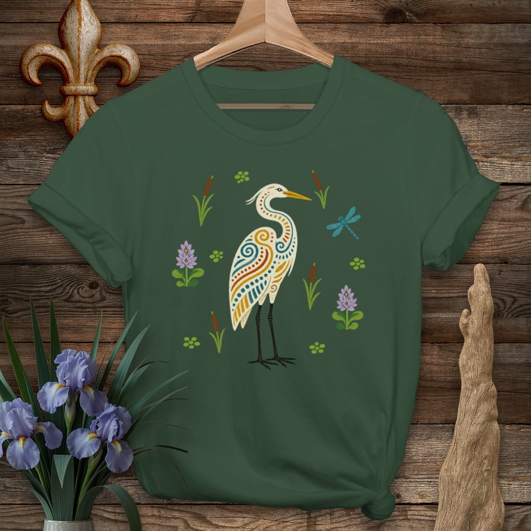 S / Forest Green Louisiana Folk Egret T-Shirt by Laissez Faire Wear