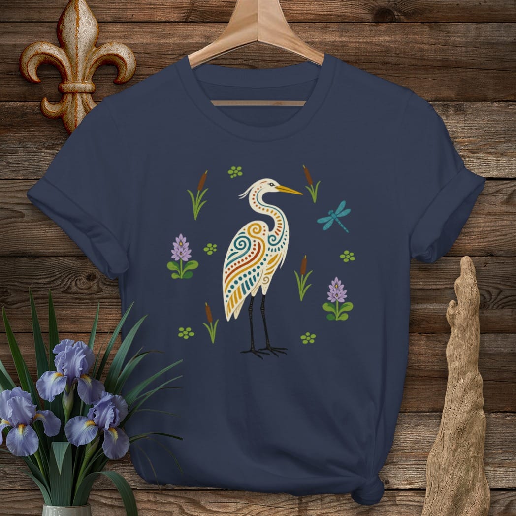 S / Navy Louisiana Folk Egret T-Shirt by Laissez Faire Wear