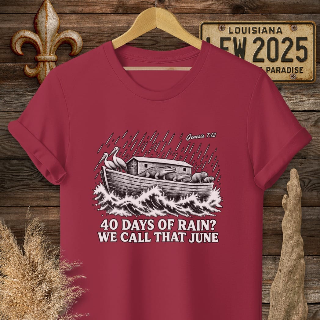 S / Cardinal Red Louisiana Forty Days of Rain T-Shirt by Laissez Faire Wear